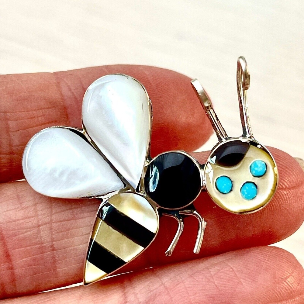 Bumble Bee Pendant Pin Turquoise Signed Ahiyite Bug Sterling Zuni‎ Inlay Native